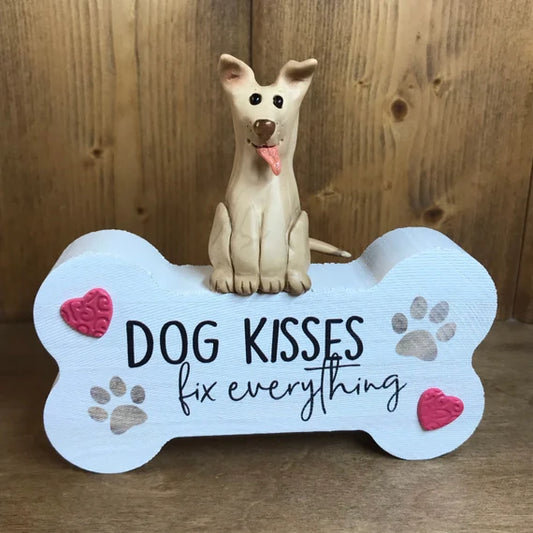 Dog Kisses Fix Everything Polymer Clay & Wood Home Decor, Cute Golden Lab Puppy, Sweet Blonde Pup, Love Dogs, Pet Collectible, Happy Tongue