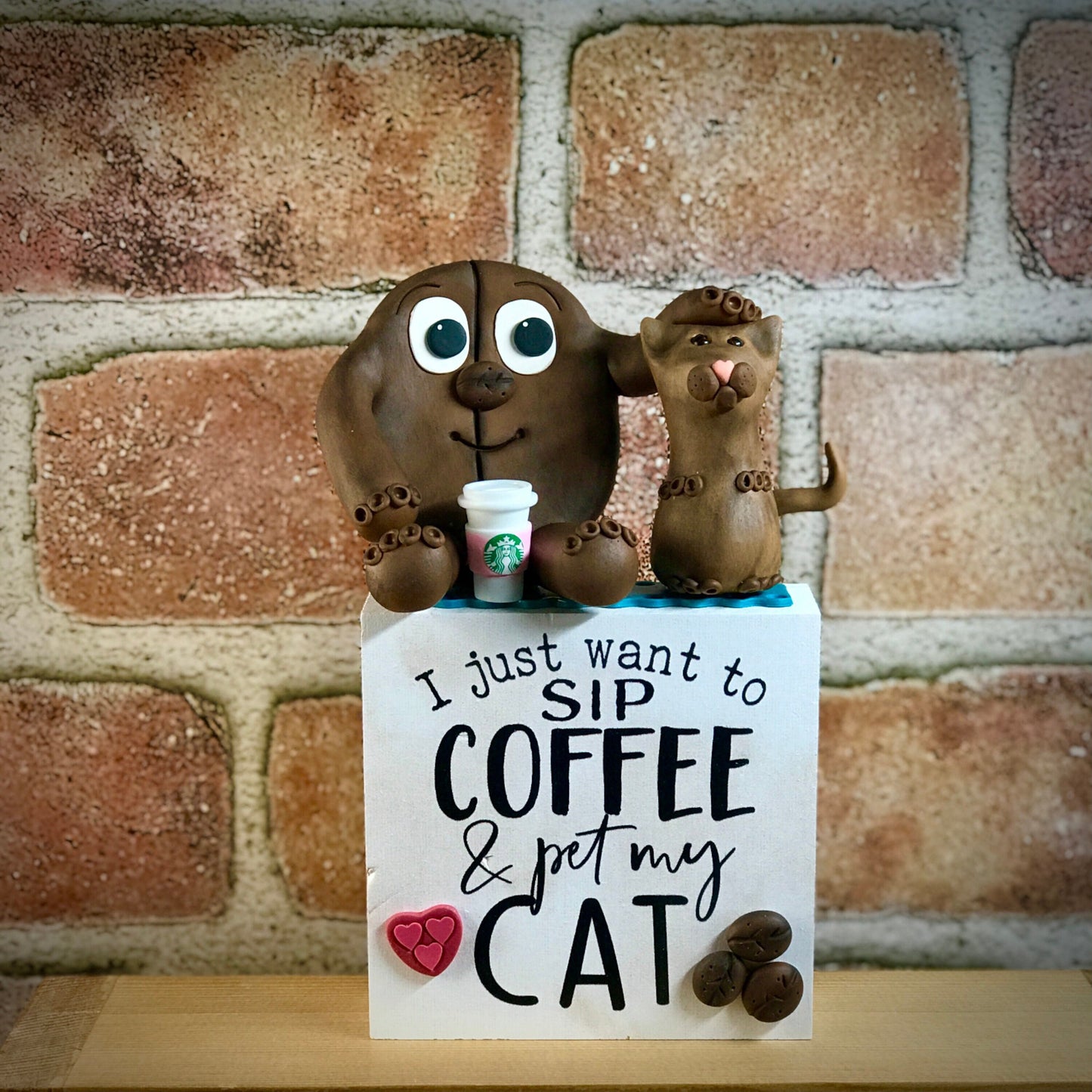 I Just Want to Sip Coffee and Pet My Cat Coffee Bean Pals, Love Coffee and Kitty Cats, Clay Characters, Coffee Nook Decor, Java Home Decor