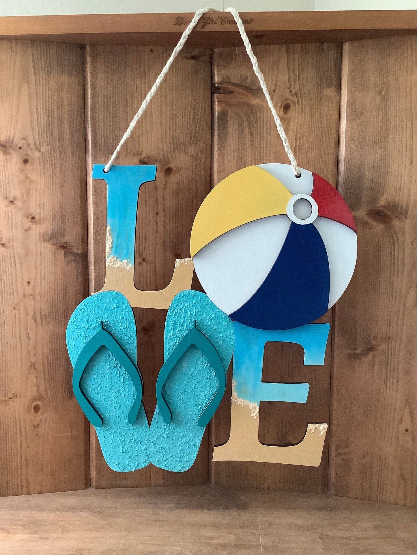 Summer, Beach, Surf, Beachballs, Ocean, Shore, Flip Flops - This Handpainted Textured Dimensional Wood Sign Shows Your Love for Summer