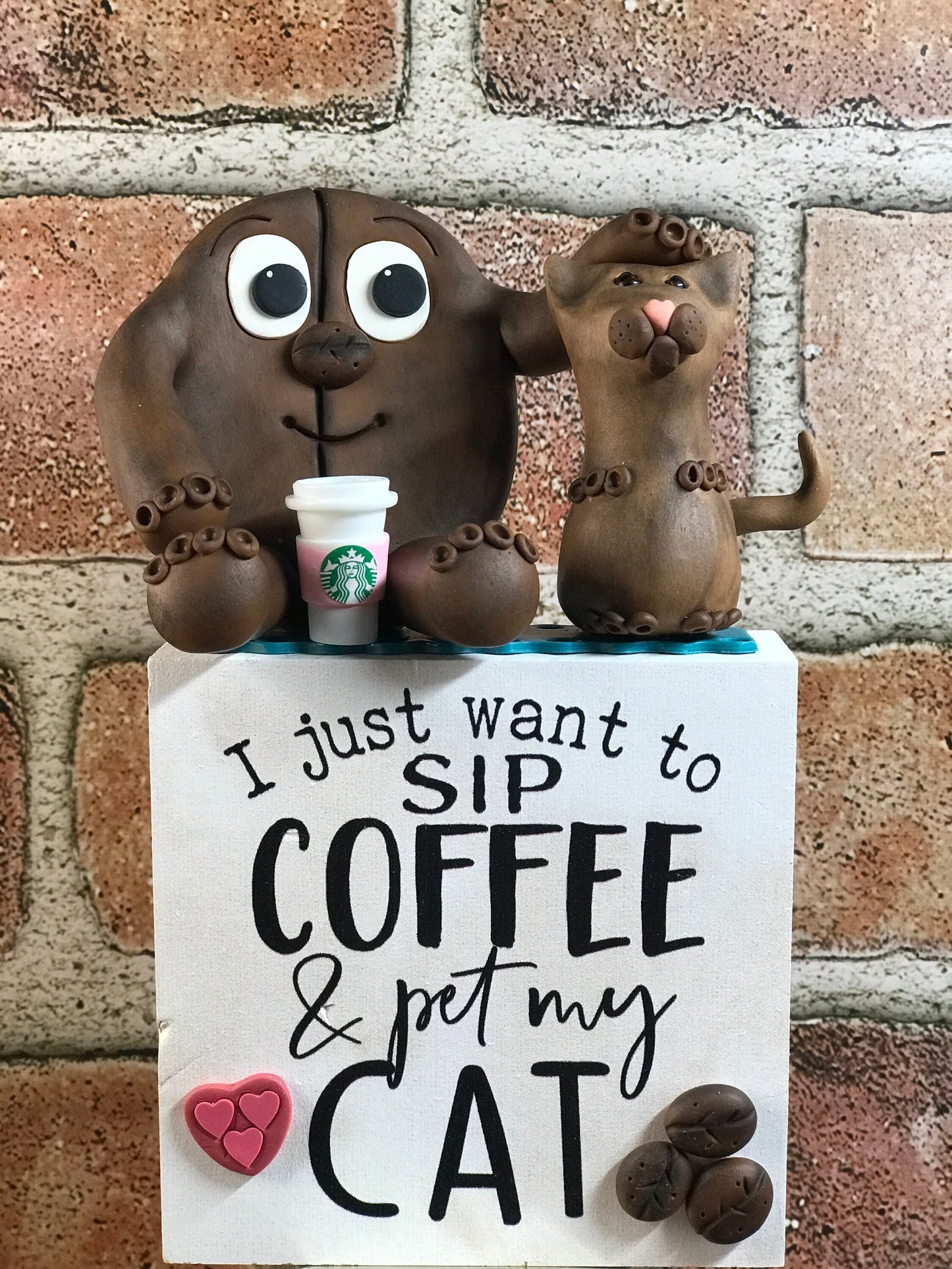 I Just Want to Sip Coffee and Pet My Cat Coffee Bean Pals, Love Coffee and Kitty Cats, Clay Characters, Coffee Nook Decor, Java Home Decor