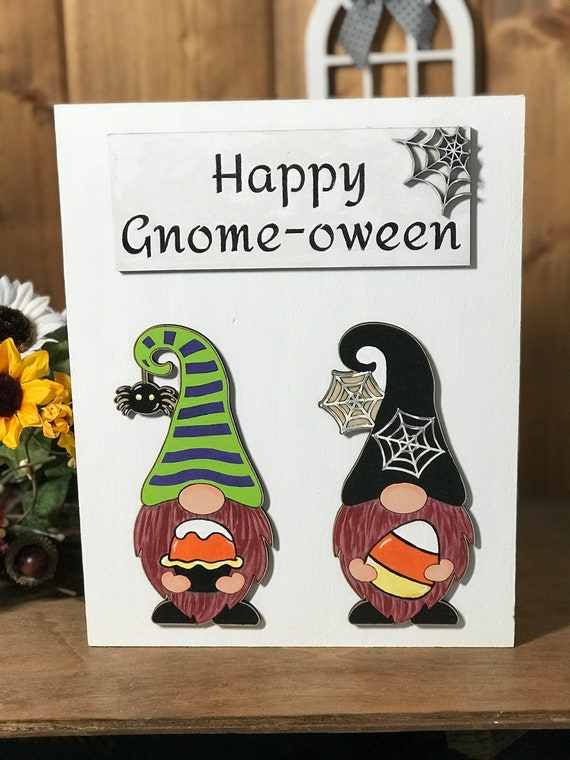 Halloween Gnomes, Adorable Wood Figures Hand Painted in Witchy Colors, Affixed to White Wood Plaques