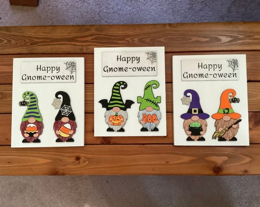 Halloween Gnomes, Adorable Wood Figures Hand Painted in Witchy Colors, Affixed to White Wood Plaques