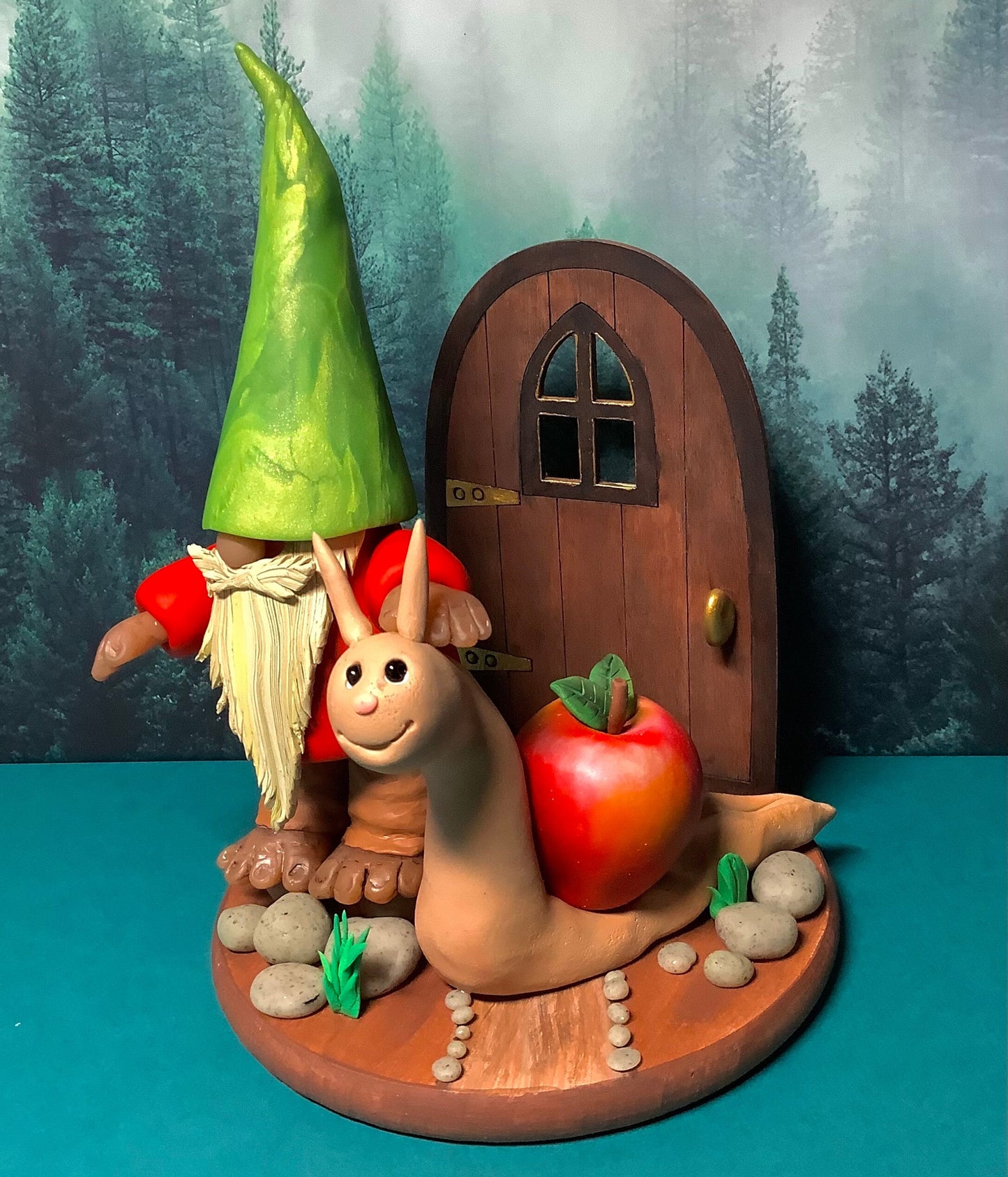 Bearded Gnome & Snail Buddy With Red Apple, Adorable Polymer Clay Figures, Wood Fairy House Door, Wood Base, Clay Stepping Stones