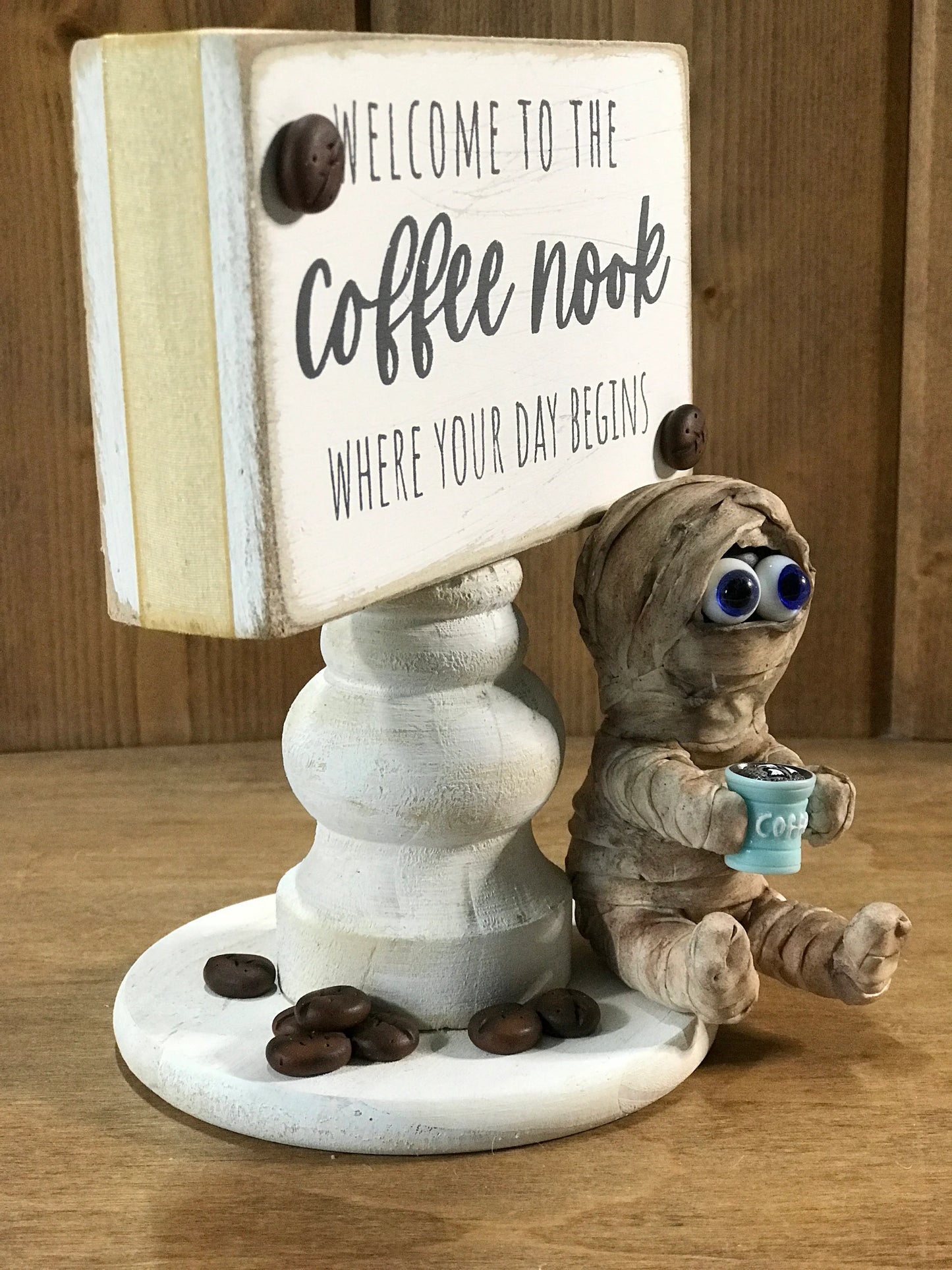 Blue Eye Mummy Drinking Morning Coffee, Welcome to Coffee Nook Decor, Java, Cute Wrapped Mummy Clay Character, Coffee Bar Decor