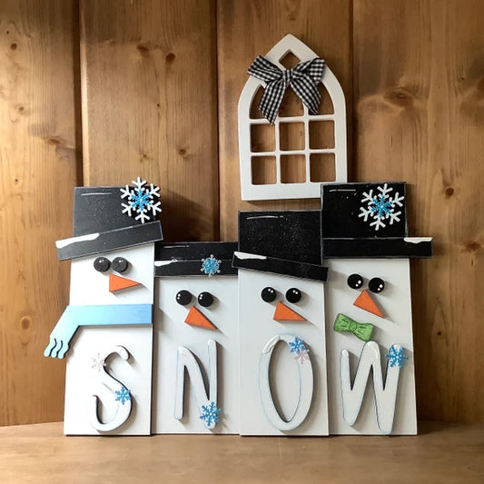 Snowman Quartet, Adorable Hand Painted Laser Cut Wood Snowmen in Top Hats, Textured Snow, White, Blue, Pink Snowflakes,  Cute Winter Decor