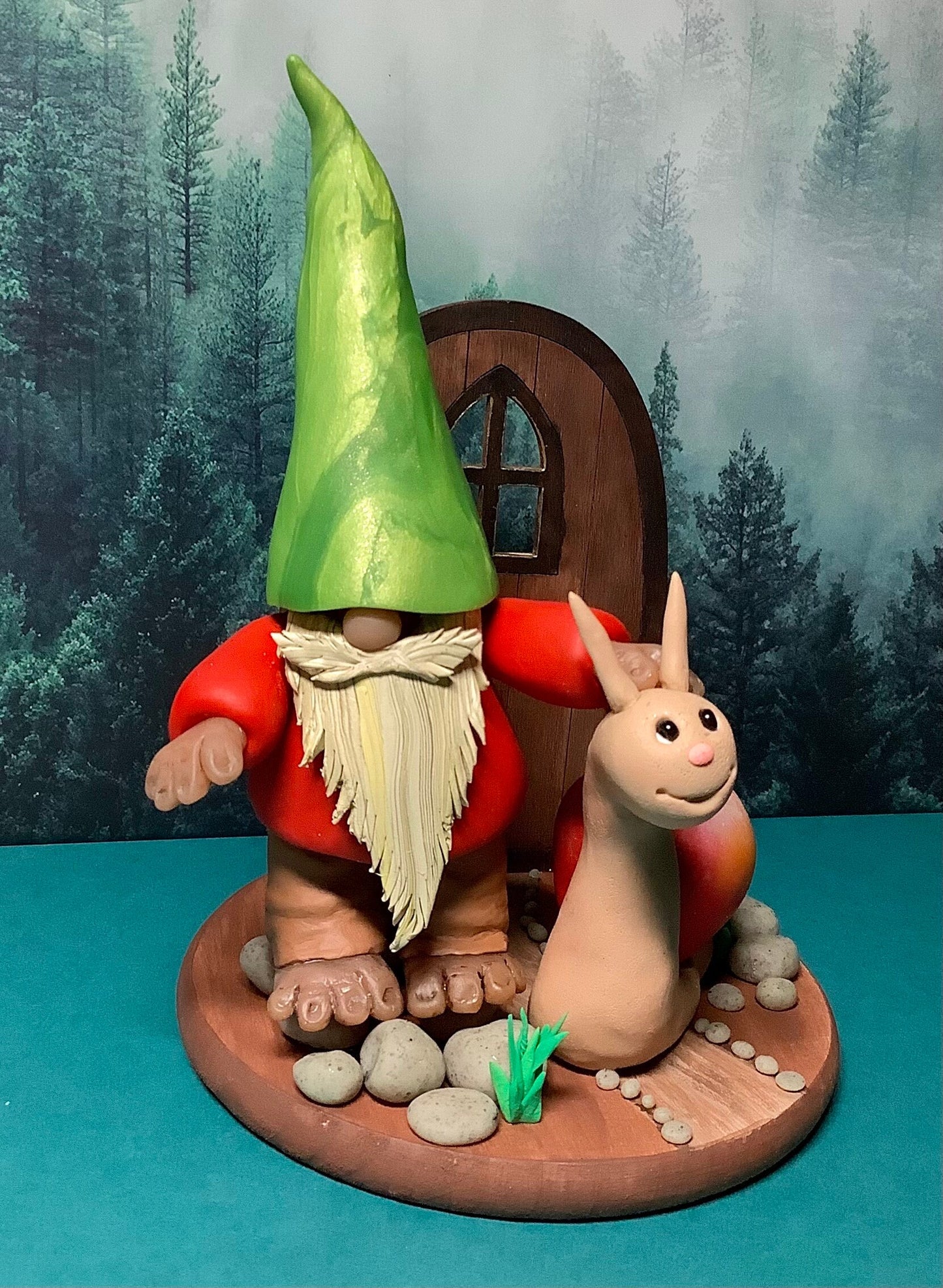 Bearded Gnome & Snail Buddy With Red Apple, Adorable Polymer Clay Figures, Wood Fairy House Door, Wood Base, Clay Stepping Stones