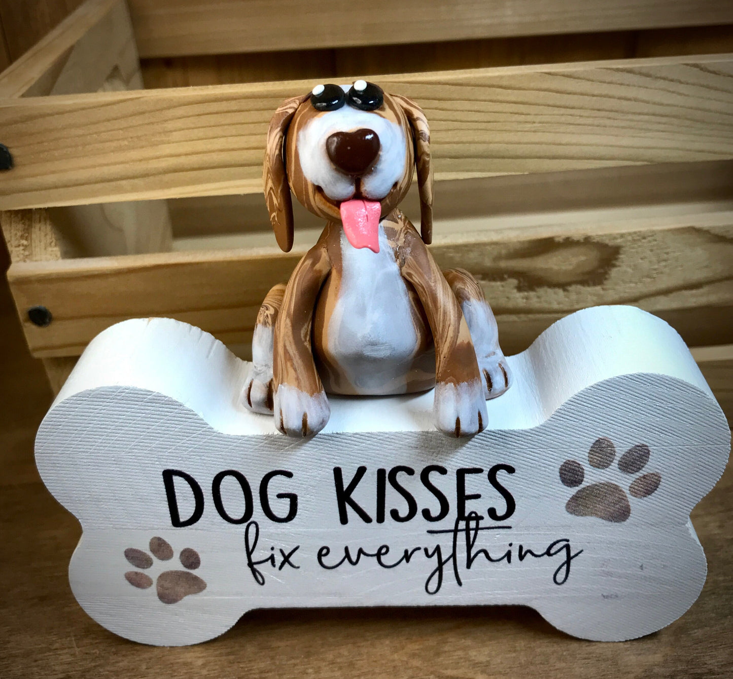 Dog Kisses Fix Everything Polymer Clay and Wood Home Decor, Cute Puppy, Sweet Dog, Love Dogs, Funny Pet Collectible, Happy Pup Tongue Out