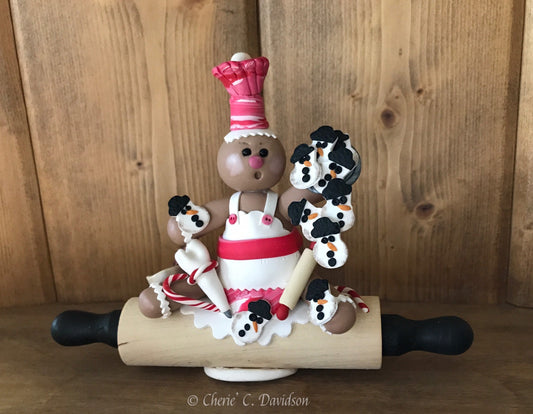 Gingy Clay Gingerbread Cookie Baker, Tray Of Snowman Cookies - Cookier Ginger on Rolling Pin, Peppermint Swirl Chef Hat & Apron, Candy Canes