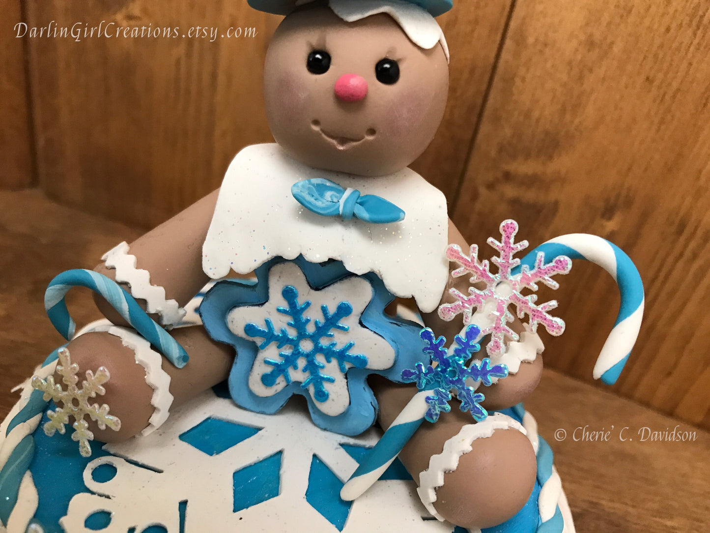 Winter Wonderland Holiday Gingy Adorable Clay Gingerbread Figure with Sparkling Snowflakes, Blue Candy Canes, Snow & Smiles