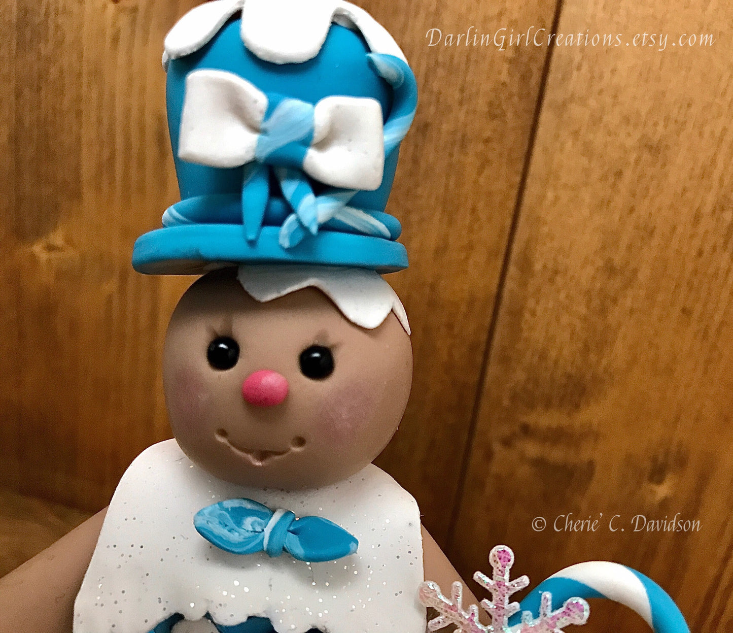 Winter Wonderland Holiday Gingy Adorable Clay Gingerbread Figure with Sparkling Snowflakes, Blue Candy Canes, Snow & Smiles