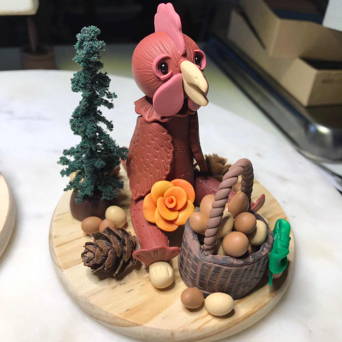 Red Brown Adorable Chicken, Laughing Hen with Basket of Eggs - Original Design Polymer Clay Poultry Figures on Wood Base