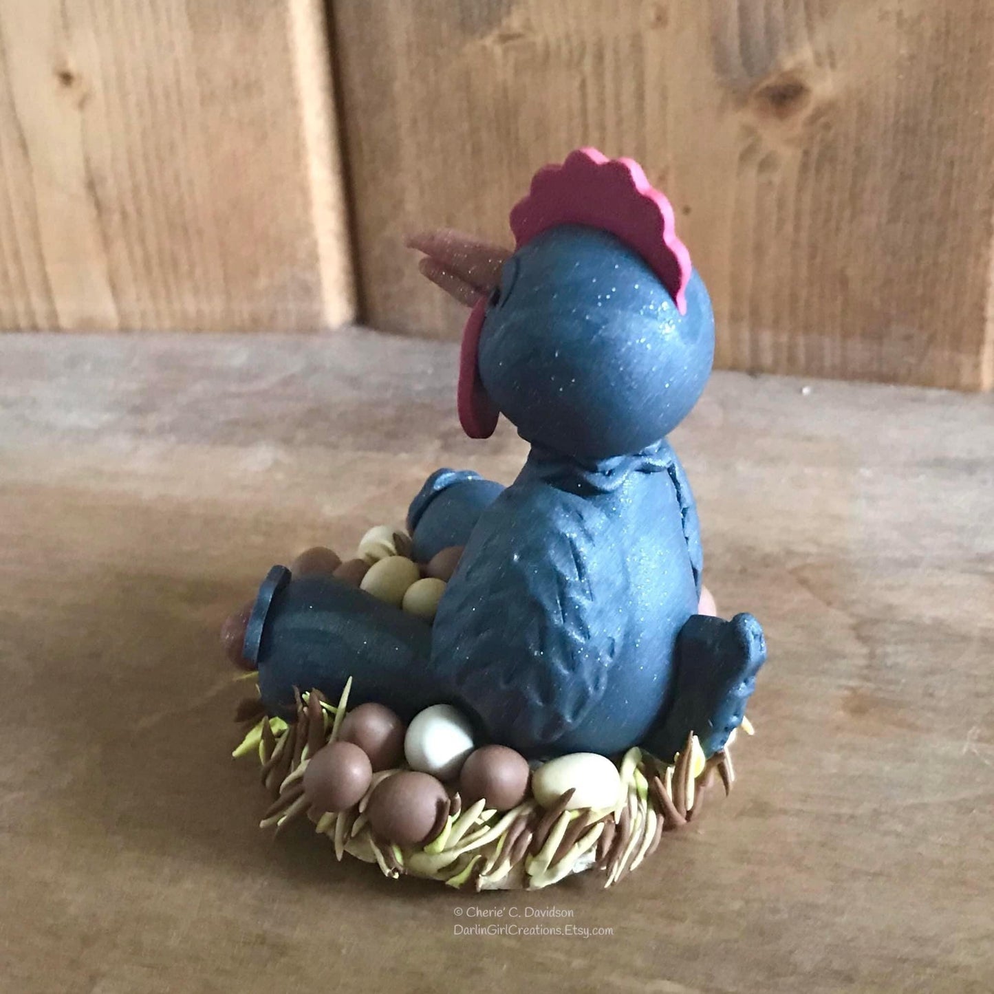 Adorable Silver-Pearl Chicken, Hen Nesting with Brown Eggs, Cream Eggs - Original Design Polymer Clay Poultry Figurine on Wood Base