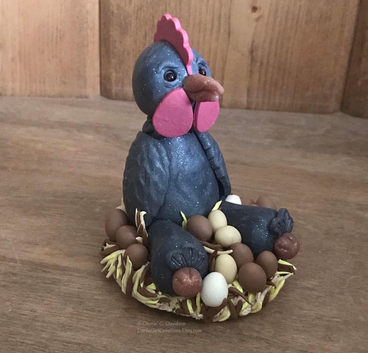 Adorable Silver-Pearl Chicken, Hen Nesting with Brown Eggs, Cream Eggs - Original Design Polymer Clay Poultry Figurine on Wood Base