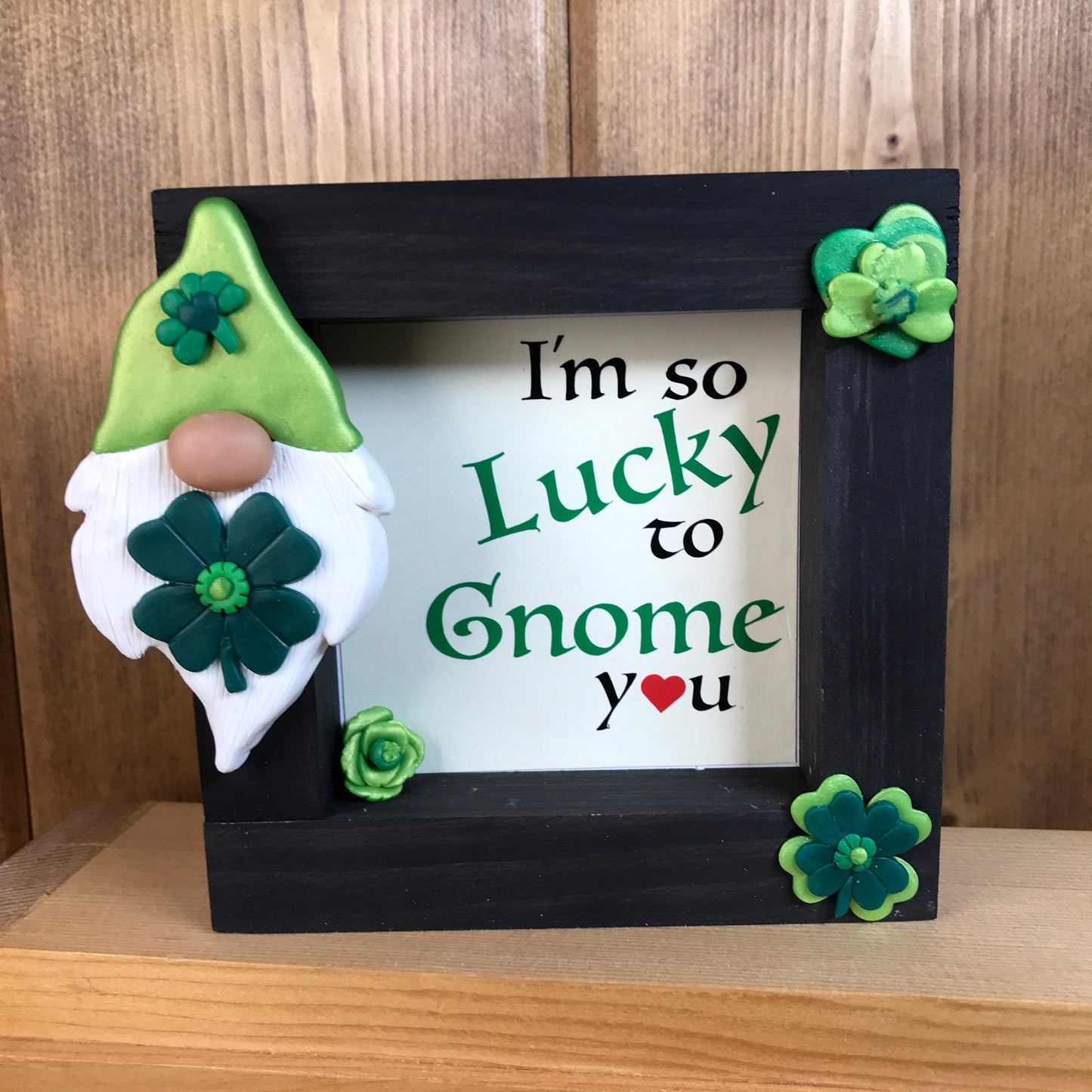 St. Patrick’s Day Irish Gnome, Lucky 4 Leaf Clover Mini Tier Tray Frame, Polymer Clay Painted Gnome and Clay Shamrocks St Paddy’s Home Decor