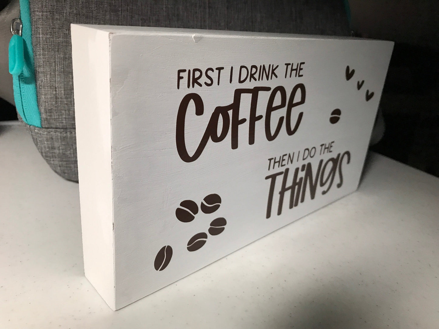First I Drink the Coffee Wood Kitchen Decor Sign 9x5” Wood Block, Lettering in Chocolate Brown Permanent Vinyl, Farmhouse Cafe Decor