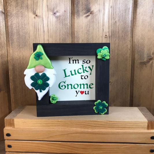 St. Patrick’s Day Irish Gnome, Lucky 4 Leaf Clover Mini Tier Tray Frame, Polymer Clay Painted Gnome and Clay Shamrocks St Paddy’s Home Decor