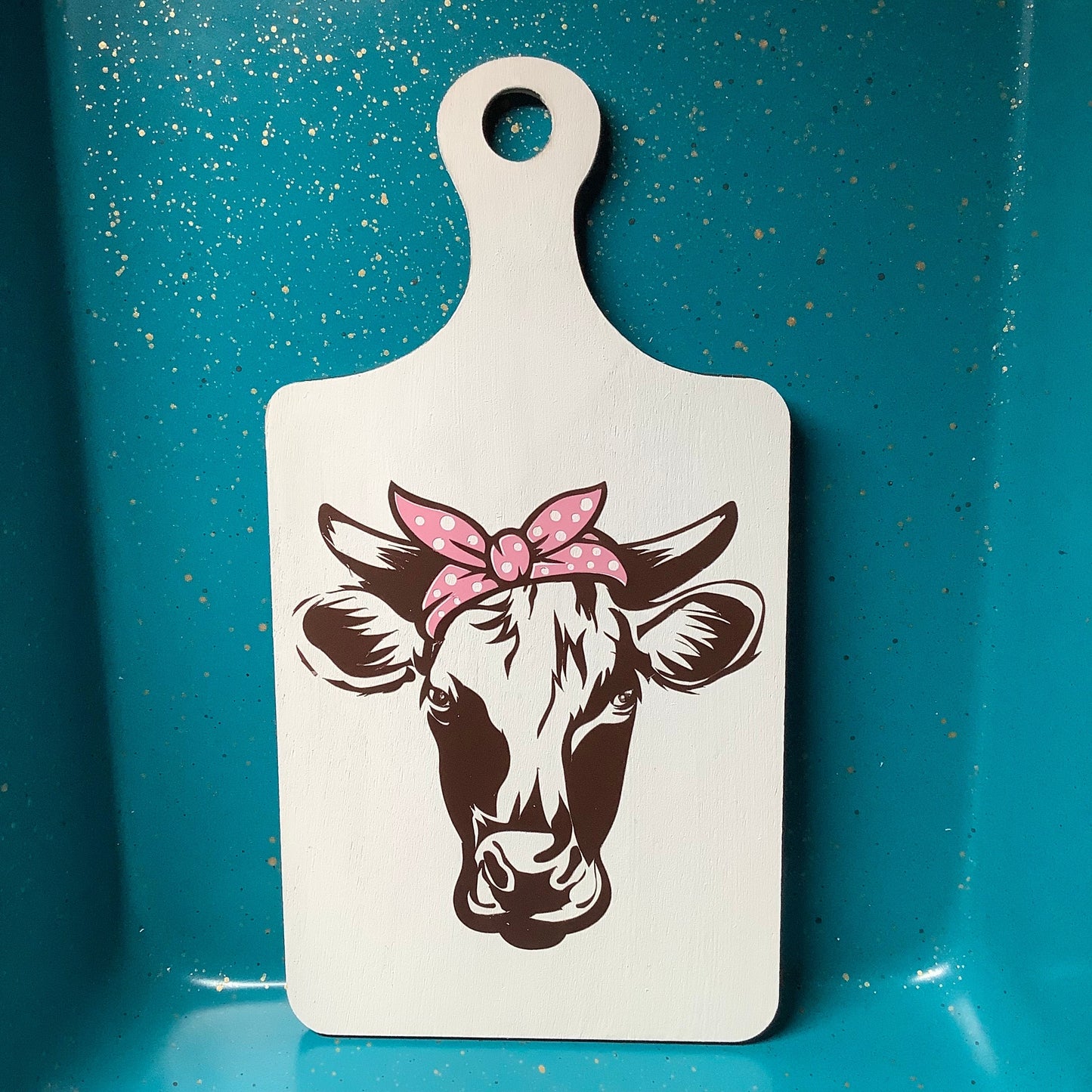 Brown Cow in Red or Pink Polka Dot Bandana, Farmhouse Wood Kitchen Cutting Board Miniature, Tier Tray, Permanent Vinyl, Retro, Farmstyle