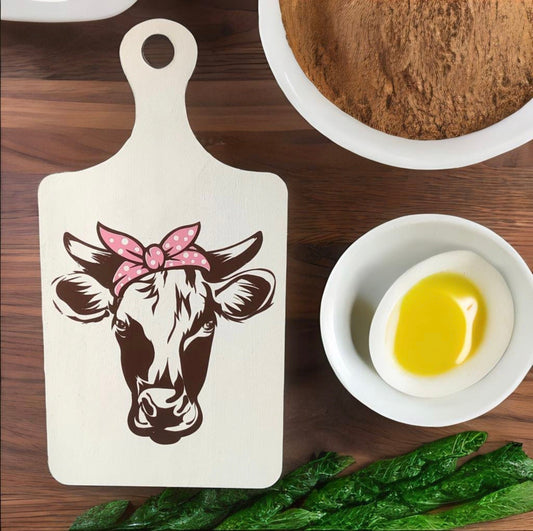 Brown Cow in Red or Pink Polka Dot Bandana, Farmhouse Wood Kitchen Cutting Board Miniature, Tier Tray, Permanent Vinyl, Retro, Farmstyle