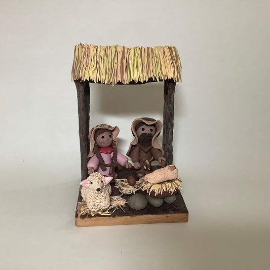 Nativity Scene, Joseph, Mary, Baby Jesus in Manger, Lamb - Polymer Clay Holy Family in Wood Stable, Pastel Pink, Earth Tones