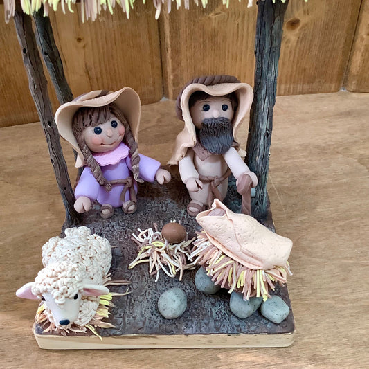Nativity Scene, Joseph, Mary, Baby Jesus in Manger, Lamb - Polymer Clay Christmas Figures in Wood Stable, Lilac, Earth Tones