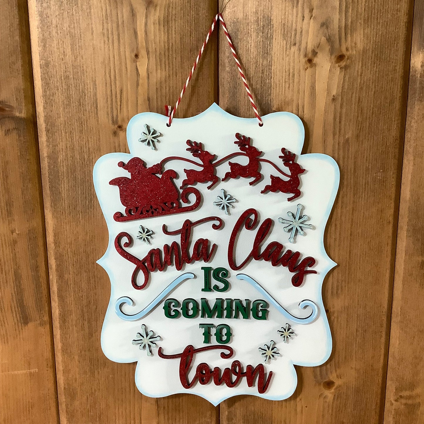 Santa Is Coming To Town Adorable Hand Painted Laser Cut Wood Christmas Sign, Red Glitter Painted Santa, Sleigh, Reindeer, Snowflakes, Green