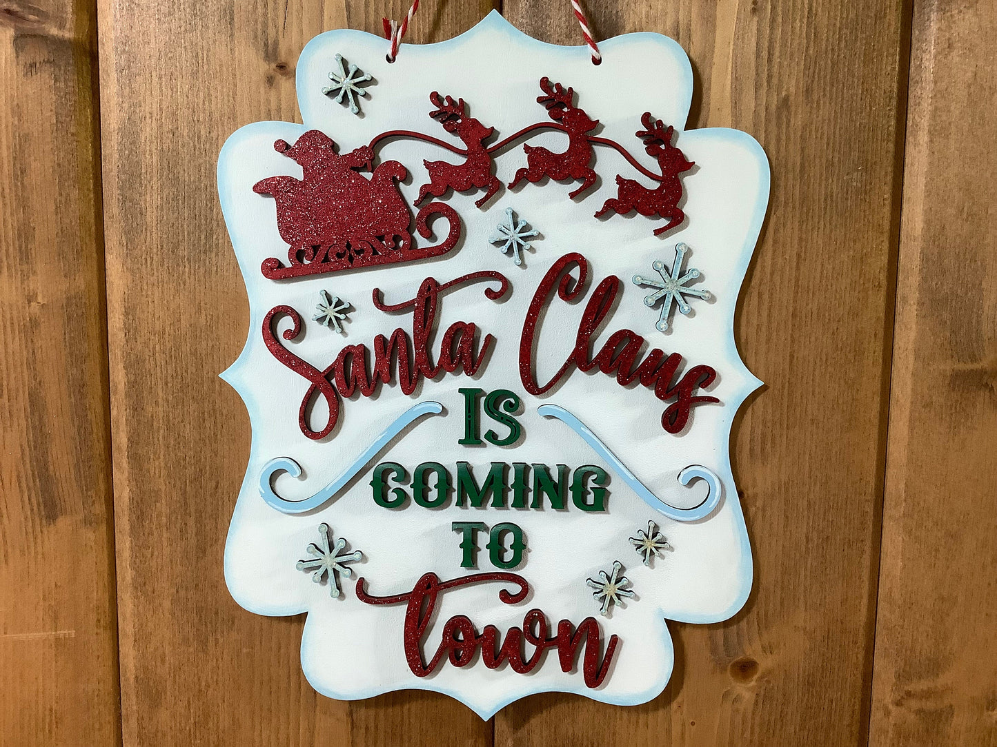 Santa Is Coming To Town Adorable Hand Painted Laser Cut Wood Christmas Sign, Red Glitter Painted Santa, Sleigh, Reindeer, Snowflakes, Green