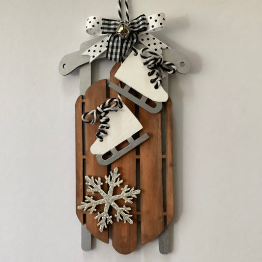 Wood Christmas Ornament, Charming Vintage Style Snow Sled, White Ice Skates, Silver Glitter Snowflake, Jingle Bell, Bow, Hand Painted