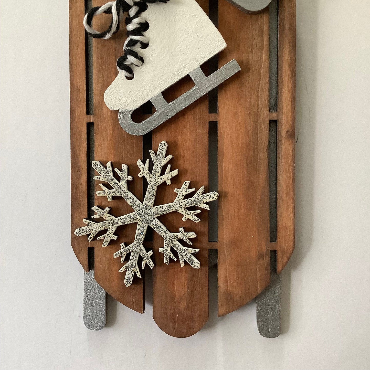 Wood Christmas Ornament, Charming Vintage Style Snow Sled, White Ice Skates, Silver Glitter Snowflake, Jingle Bell, Bow, Hand Painted