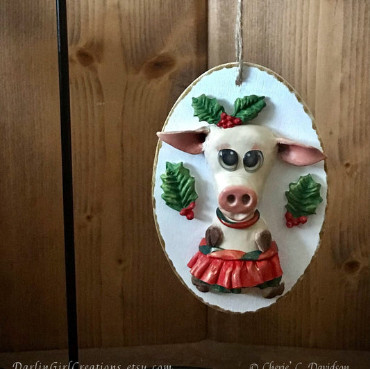 Piggy Giggly Clay Pig in a Tutu Christmas Ornament on Painted Wood Oval, Jute Twine Hanger - Funny Holiday Piglet with Holly