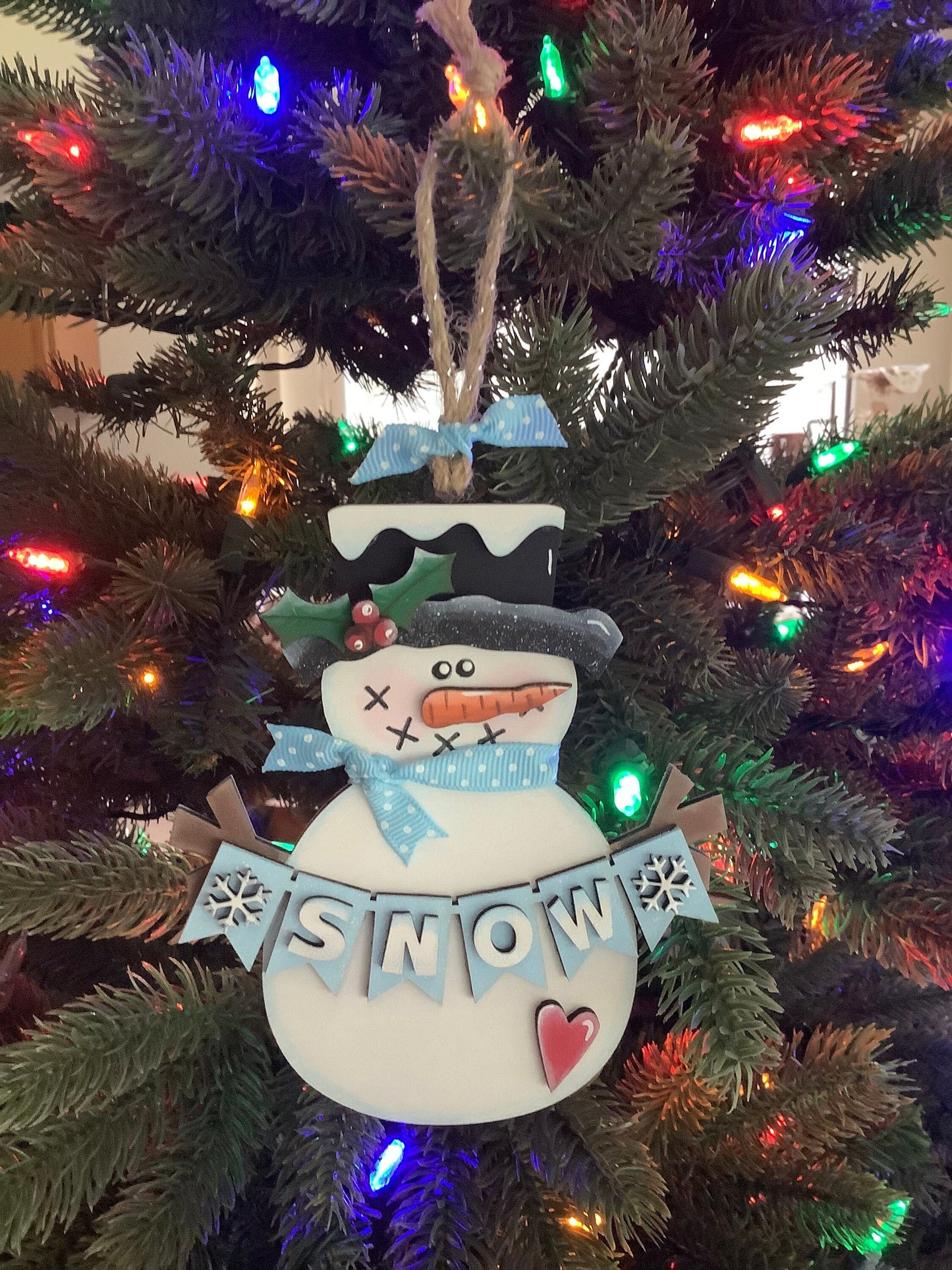 Snowman Christmas Ornament, Cute Banner Says SNOW, Detailed Wood Winter Holiday Ornament, Snow People Are So Adorable, Snowy Snowman