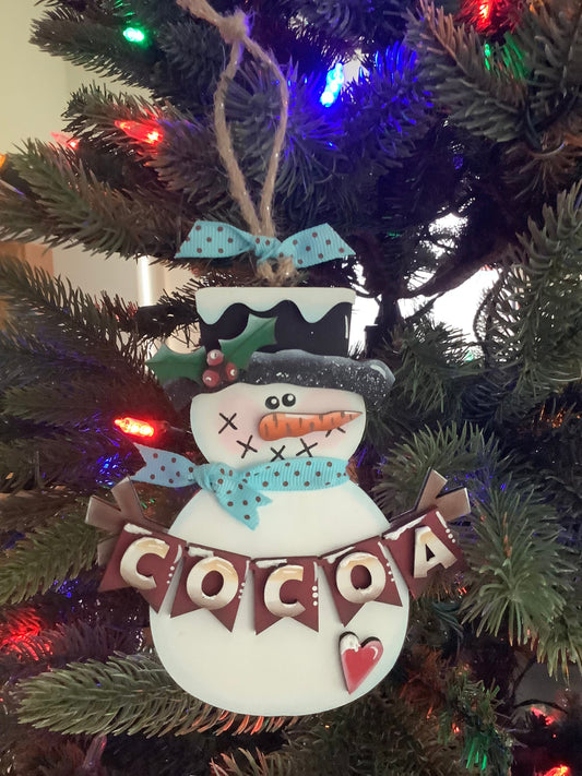 Snowman Christmas Ornament, Cute Banner Says Cocoa, Detailed Wood Winter Holiday Ornament, Snow People Are So Adorable, Hot Cocoa Snowman